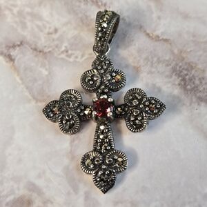 Sterling Silver 925 Marcasite Cross Pendant w/ Center Garnet Vintage Style 5g